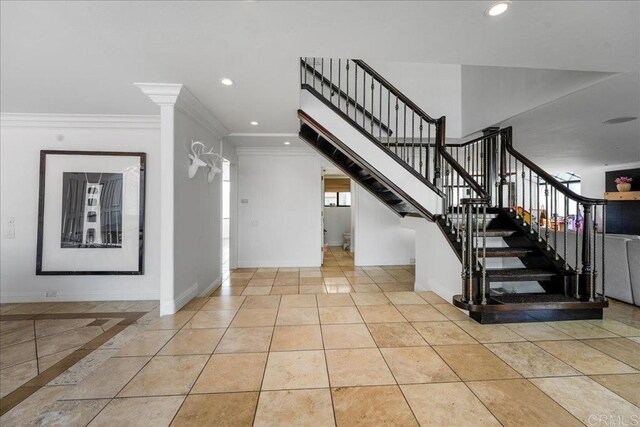 5274 Margaret, Bonita, CA 91902 - tiled entrance foyer with baseboards, stairs, recessed lighting, and crown molding
