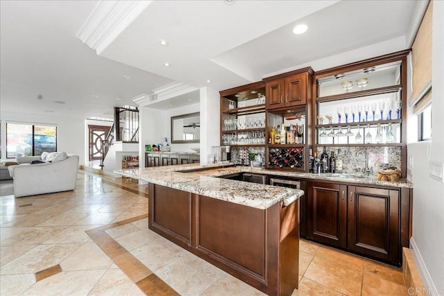 5274 Margaret, Bonita, CA 91902 - kitchen featuring light stone counters, a sink, open shelves, a peninsula, and recessed lighting