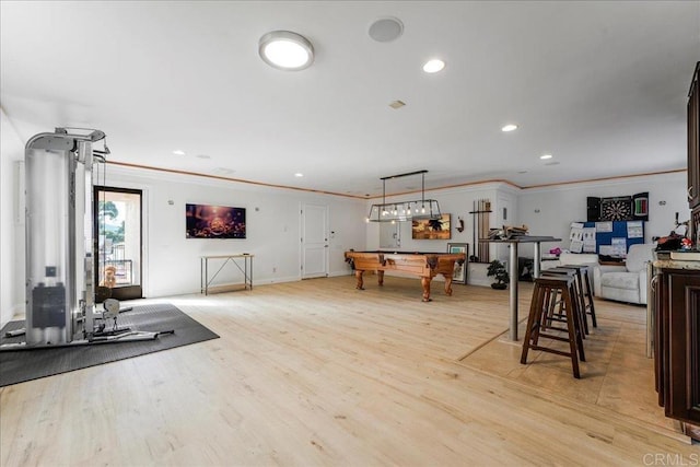 5274 Margaret, Bonita, CA 91902 - interior space with crown molding, light wood-style flooring, pool table, and recessed lighting