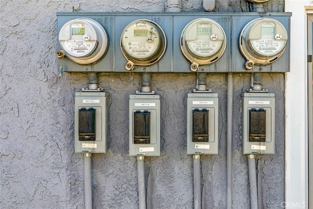 details with stucco siding and electric meter