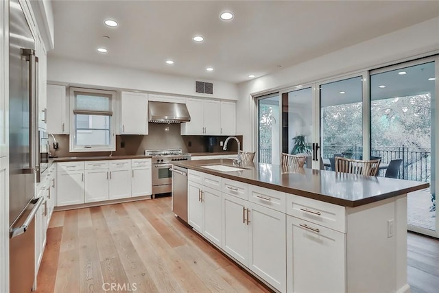 kitchen featuring a sink, dark countertops, visible vents, premium appliances, and wall chimney range hood