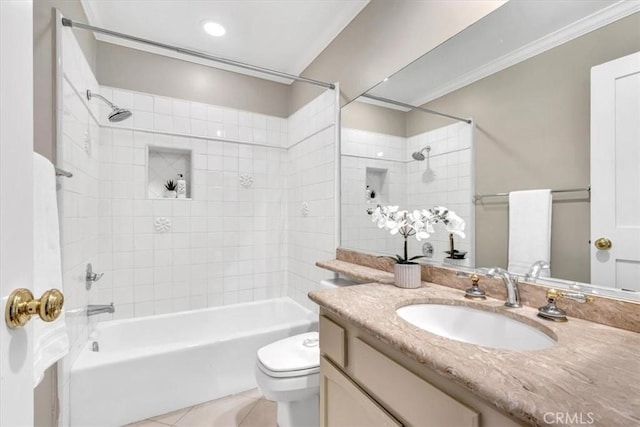 33972 Cape Cv, Dana Point, CA 92629 - full bathroom featuring toilet, ornamental molding, shower / washtub combination, tile patterned flooring, and vanity