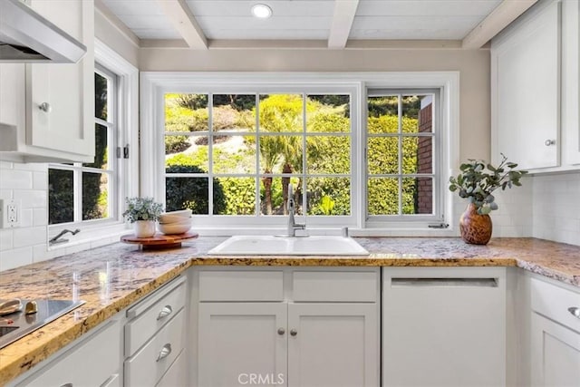 33972 Cape Cv, Dana Point, CA 92629 - kitchen featuring tasteful backsplash, dishwasher, beam ceiling, white cabinetry, and a sink