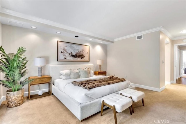 33972 Cape Cv, Dana Point, CA 92629 - bedroom featuring visible vents, baseboards, recessed lighting, crown molding, and light colored carpet
