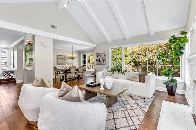 33972 Cape Cv, Dana Point, CA 92629 - living room with visible vents, beamed ceiling, hardwood / wood-style floors, baseboards, and a chandelier