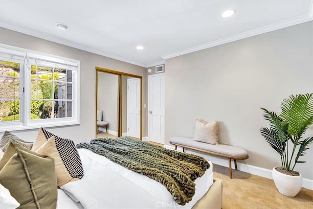 33972 Cape Cv, Dana Point, CA 92629 - bedroom with visible vents, light carpet, recessed lighting, crown molding, and baseboards