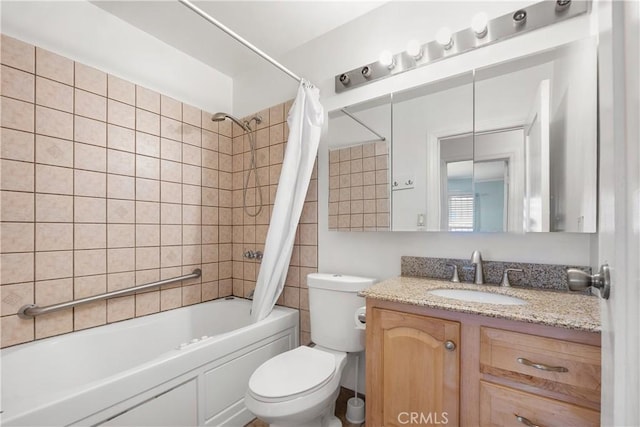 full bath featuring vanity, shower / bath combination with curtain, and toilet