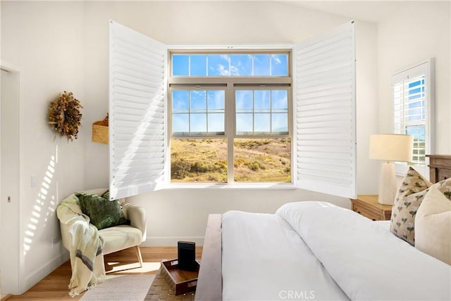 bedroom with baseboards and wood finished floors