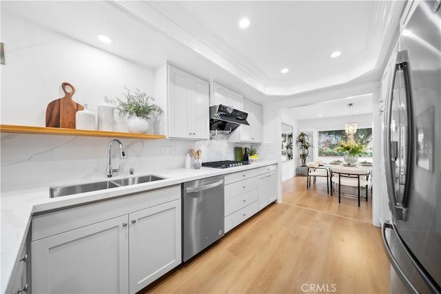 kitchen with open shelves, a tray ceiling, a sink, under cabinet range hood, and appliances with stainless steel finishes