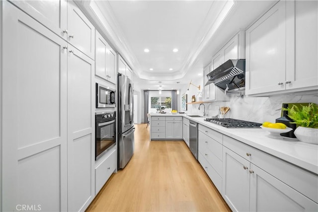 kitchen featuring crown molding, light wood-style flooring, appliances with stainless steel finishes, exhaust hood, and a sink