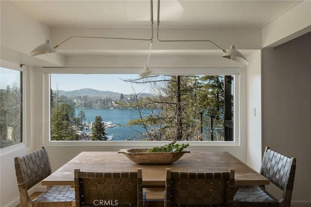 dining area with a water view