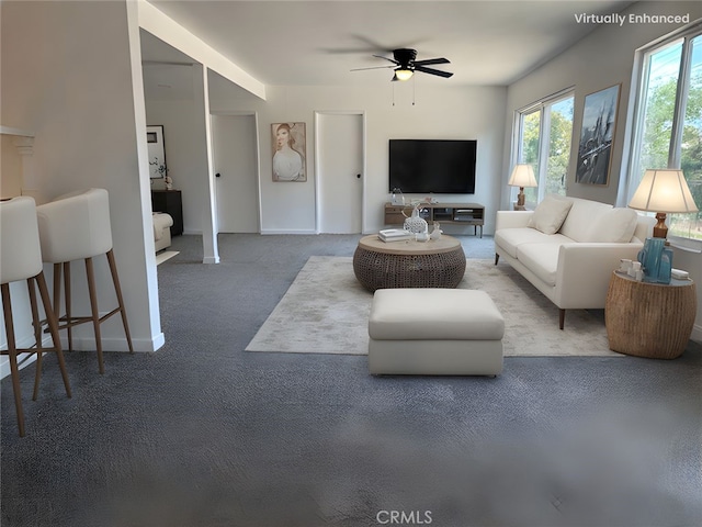 2440 Amelgado Dr, Hacienda Heights, CA 91745 - carpeted living room featuring baseboards and a ceiling fan