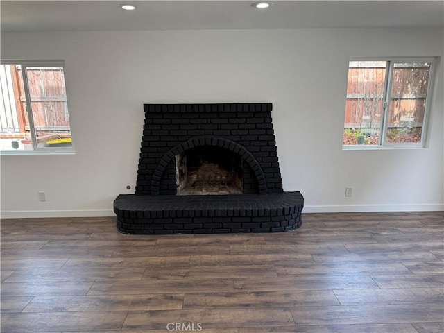 2440 Amelgado Dr, Hacienda Heights, CA 91745 - interior details featuring a brick fireplace, recessed lighting, wood finished floors, and baseboards