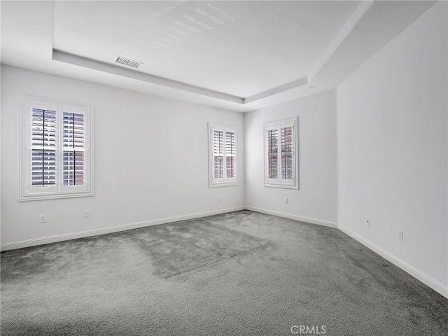 spare room featuring visible vents, a tray ceiling, carpet, and baseboards