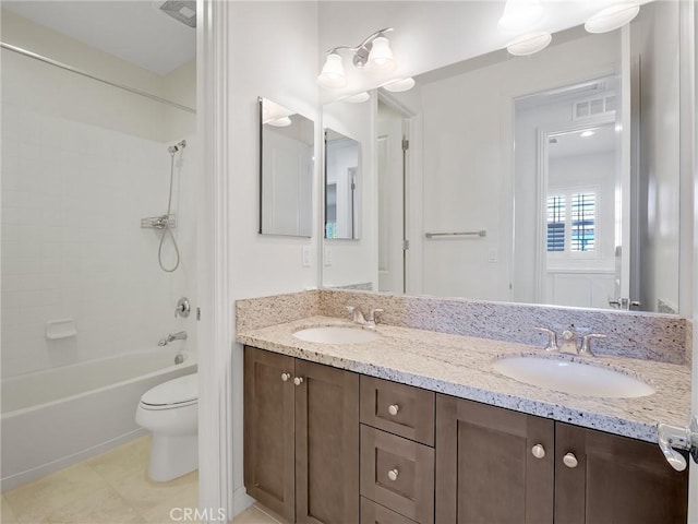full bath featuring toilet, a sink, double vanity, and visible vents