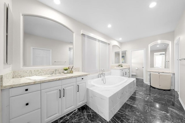 1452 Canoe Creek Way, Chula Vista, CA 91915 - bathroom featuring two vanities, a sink, toilet, recessed lighting, and marble finish floor