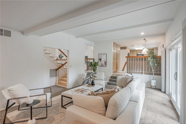 27072 Esward Dr, Calabasas, CA 91301 - carpeted living area featuring stairway and beam ceiling