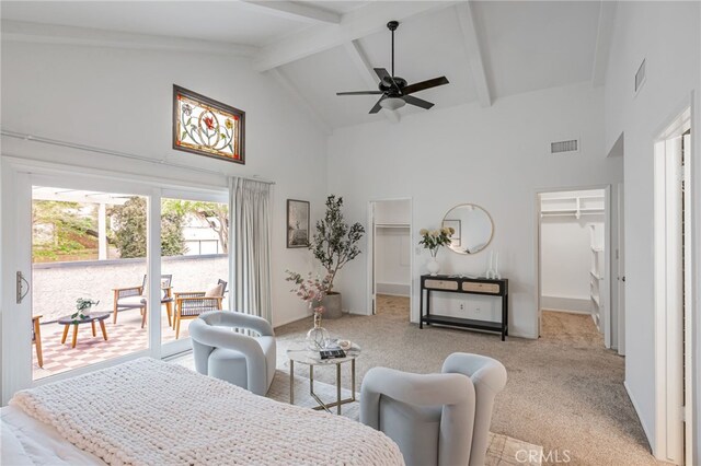 27072 Esward Dr, Calabasas, CA 91301 - bedroom with high vaulted ceiling, a walk in closet, light colored carpet, access to exterior, and beamed ceiling
