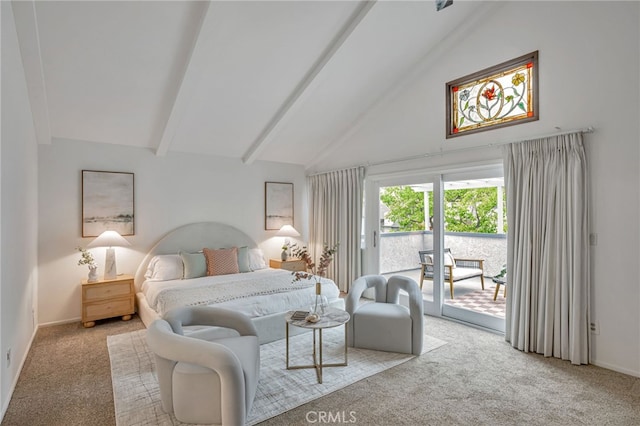 27072 Esward Dr, Calabasas, CA 91301 - carpeted bedroom featuring access to outside, beam ceiling, high vaulted ceiling, and baseboards