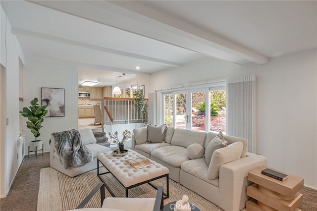 27072 Esward Dr, Calabasas, CA 91301 - living area with beamed ceiling, light colored carpet, and baseboards
