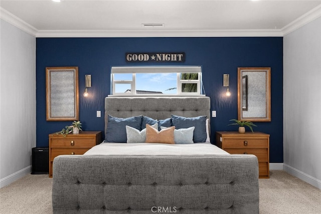 bedroom with ornamental molding, light carpet, and baseboards