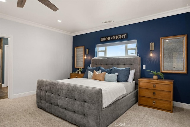 bedroom featuring carpet flooring, baseboards, visible vents, ceiling fan, and ornamental molding