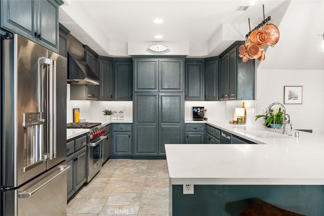 kitchen featuring light countertops, a sink, high quality appliances, wall chimney range hood, and a peninsula