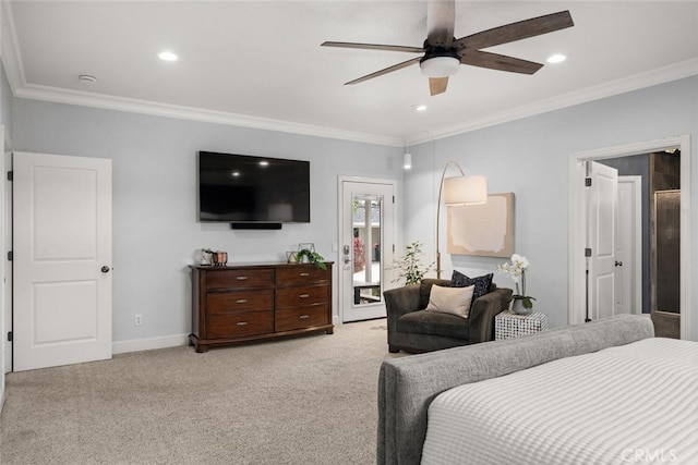 bedroom with light carpet, baseboards, crown molding, and access to outside