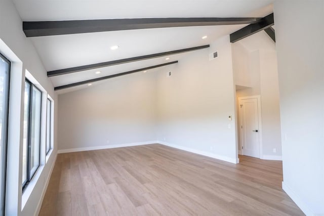 spare room with light wood-type flooring, vaulted ceiling with beams, baseboards, recessed lighting, and visible vents