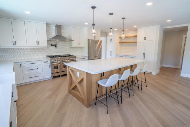 kitchen featuring wall chimney exhaust hood, decorative backsplash, open shelves, and high quality appliances