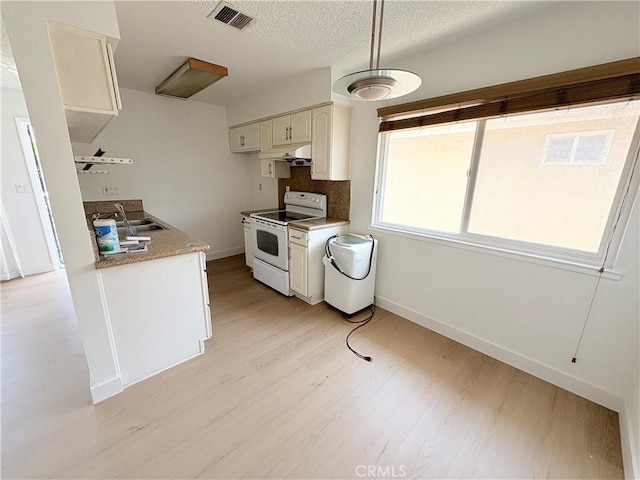 18131 Camino Bello Unit 4, Rowland Heights, CA 91748 - kitchen with electric range, light wood-style flooring, a textured ceiling, decorative backsplash, and white cabinets