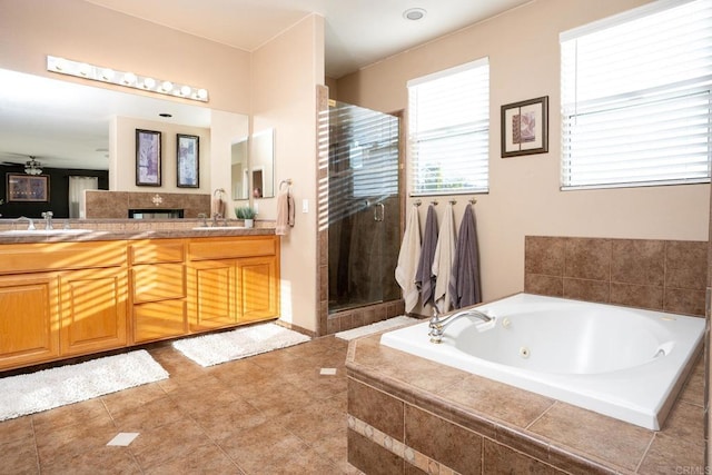 15881 Broad Oaks Rd, El Cajon, CA 92021 - full bath with a whirlpool tub, a shower stall, double vanity, and tile patterned flooring