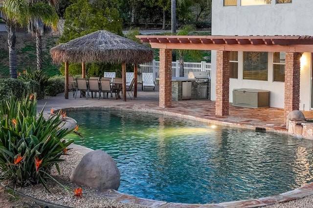15881 Broad Oaks Rd, El Cajon, CA 92021 - swimming pool featuring exterior kitchen, fence, a patio area, and a gazebo