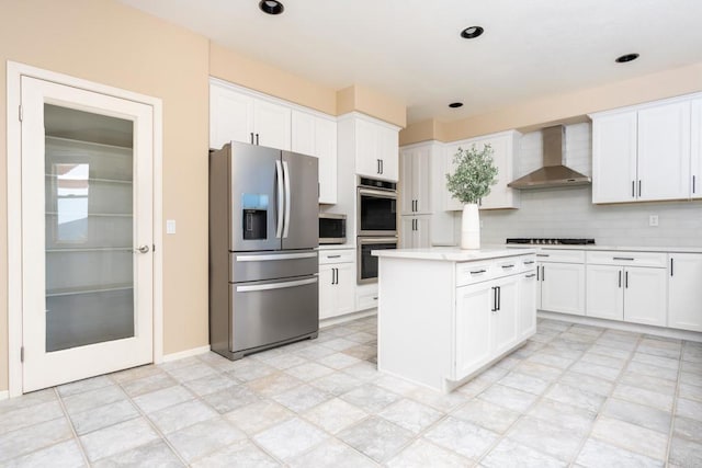 15881 Broad Oaks Rd, El Cajon, CA 92021 - kitchen featuring stainless steel appliances, wall chimney range hood, light countertops, white cabinets, and backsplash