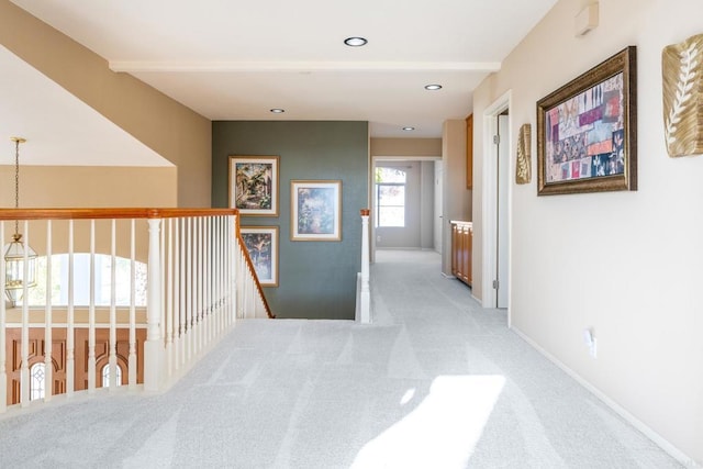 15881 Broad Oaks Rd, El Cajon, CA 92021 - hallway with an upstairs landing, light colored carpet, baseboards, and recessed lighting