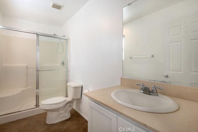 full bathroom with tile patterned floors, toilet, visible vents, and a stall shower