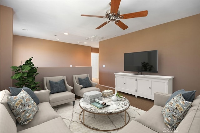15793 Willow Dr, Fontana, CA 92337 - carpeted living area featuring ceiling fan and recessed lighting