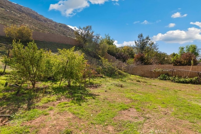 view of yard featuring a mountain view and fence
