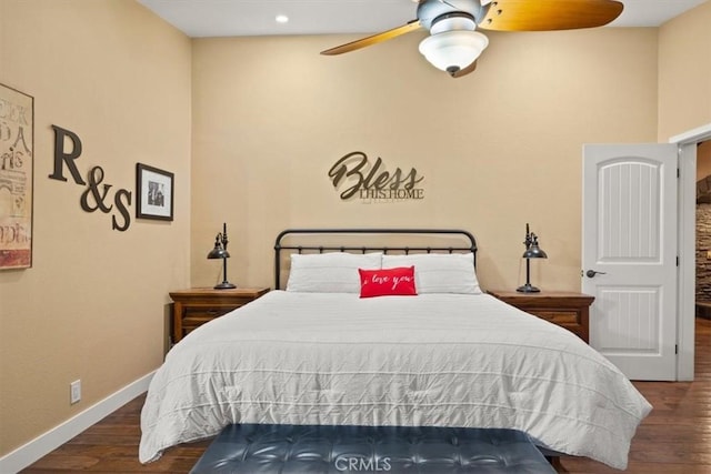 bedroom featuring ceiling fan, baseboards, wood finished floors, and recessed lighting