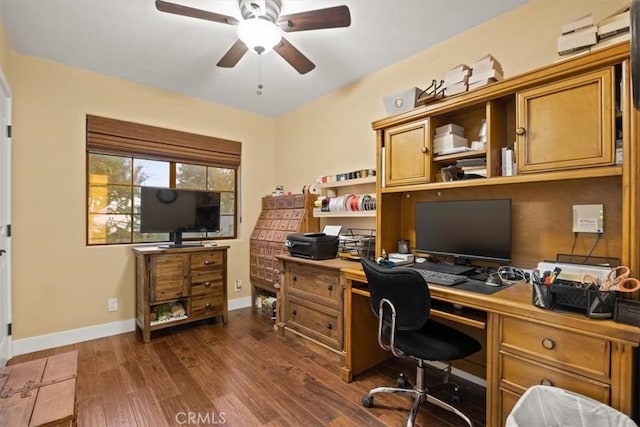 office space featuring baseboards, dark wood-type flooring, and ceiling fan