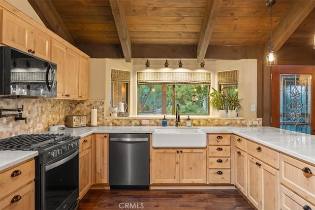 kitchen with black appliances, wood ceiling, light brown cabinets, and a sink