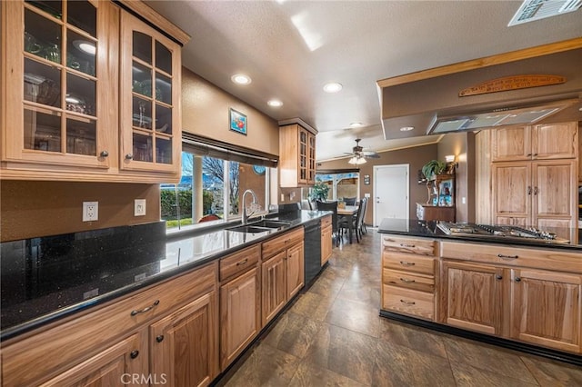 kitchen with visible vents, dishwasher, a sink, stainless steel gas stovetop, and recessed lighting