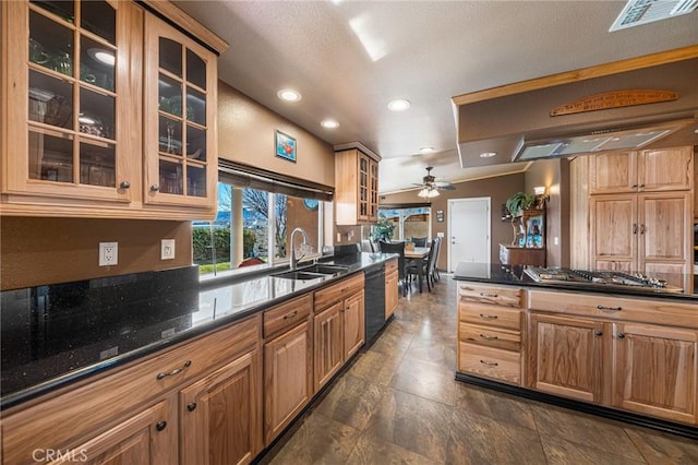 6116 Panorama St, Joshua Tree, CA 92252 - kitchen featuring a sink, dishwasher, stainless steel gas stovetop, recessed lighting, and glass insert cabinets