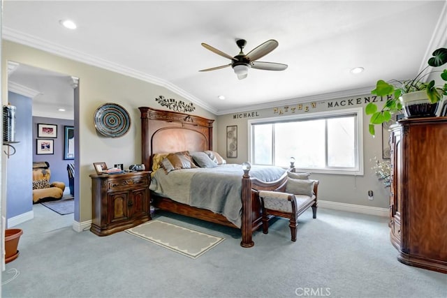 8345 Sunshine Ln, Riverside, CA 92508 - carpeted bedroom with lofted ceiling, ornamental molding, a ceiling fan, recessed lighting, and baseboards