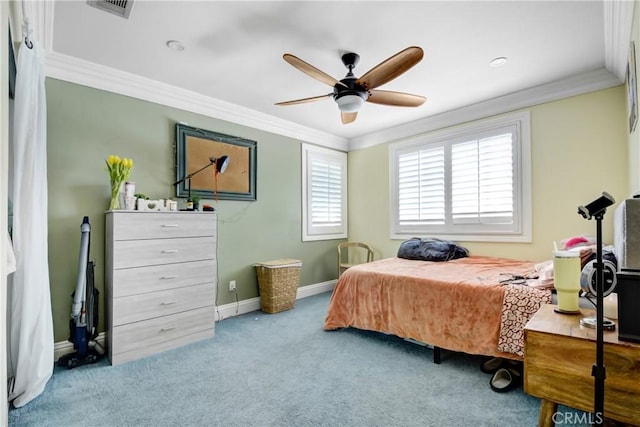 8345 Sunshine Ln, Riverside, CA 92508 - carpeted bedroom featuring crown molding, visible vents, baseboards, and ceiling fan