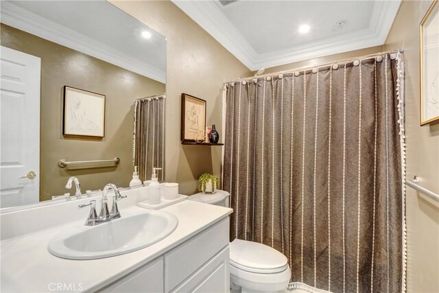 8345 Sunshine Ln, Riverside, CA 92508 - bathroom featuring toilet, ornamental molding, and vanity