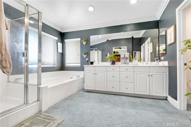 8345 Sunshine Ln, Riverside, CA 92508 - bathroom featuring double vanity, a sink, a shower stall, crown molding, and a garden tub