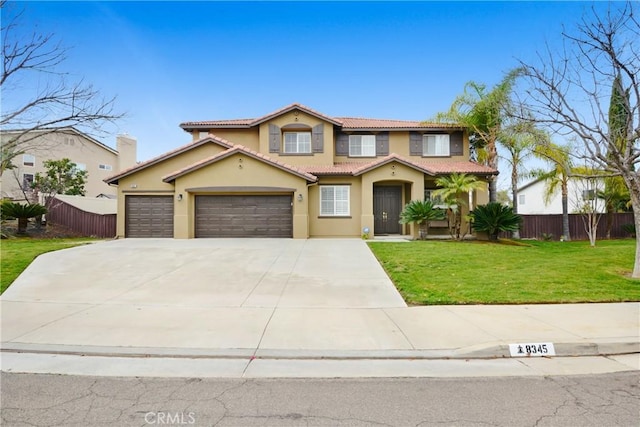 8345 Sunshine Ln, Riverside, CA 92508 - traditional home with fence, a tile roof, a front yard, stucco siding, and an attached garage
