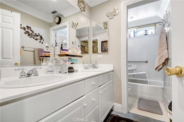 8345 Sunshine Ln, Riverside, CA 92508 - bathroom with a sink, visible vents, double vanity, and crown molding