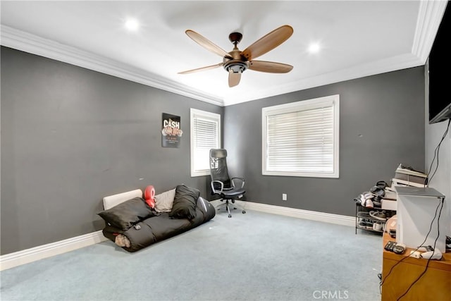 8345 Sunshine Ln, Riverside, CA 92508 - miscellaneous room with carpet flooring, baseboards, a ceiling fan, and ornamental molding